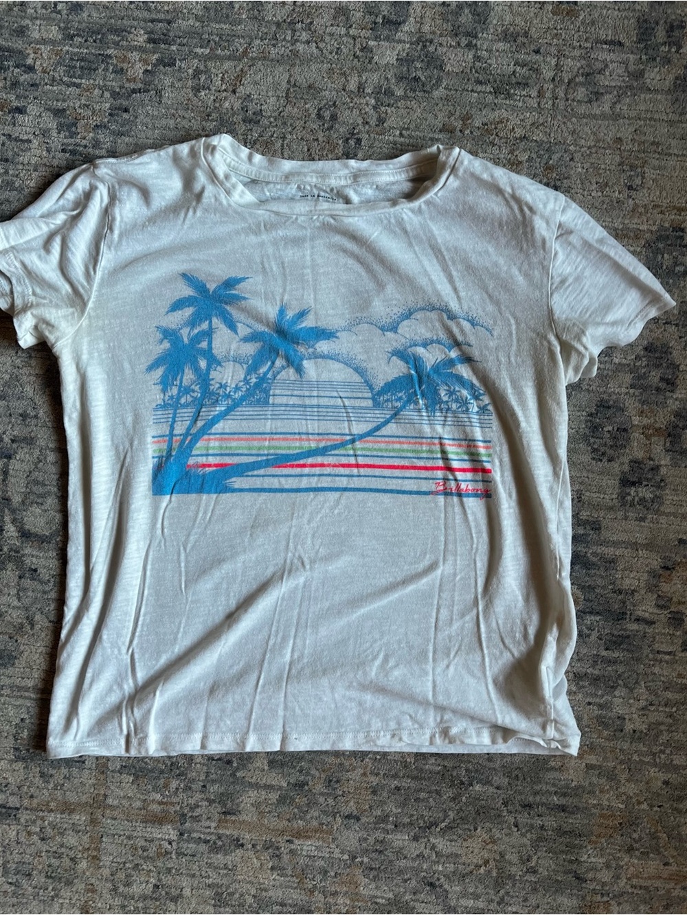 Billabong White Tee with Blue Palm Sunset and Multicolor Stripes